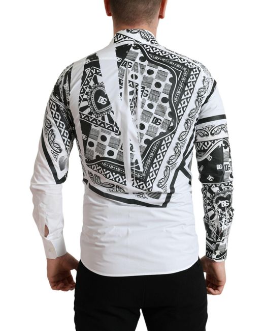 Dolce & Gabbana Gray White Bandana Print Cotton Dress Slim Shirt for men