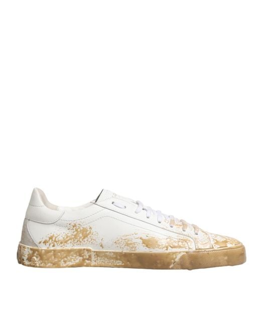 Dolce & Gabbana White Leather Paint Effect Low Top Sneakers Shoes for men
