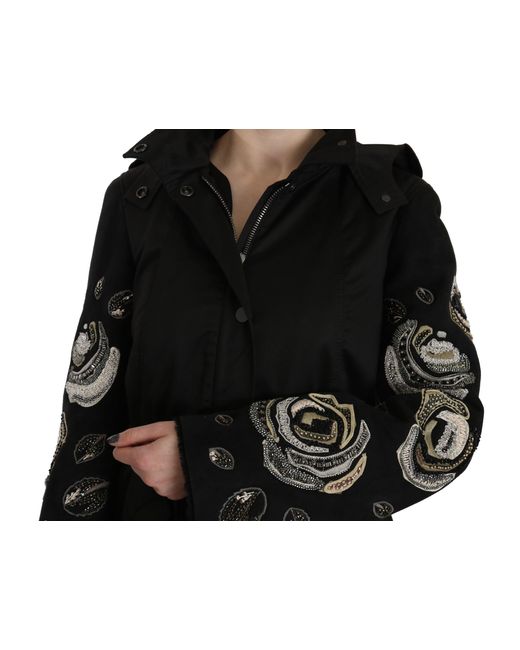 John Richmond Floral Sequined Beaded Hooded Coat Black Jkt2341