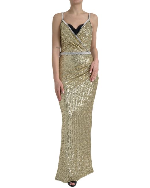 Dolce & Gabbana Green Golden Sequin Evening Dress With Silk Blend Lining