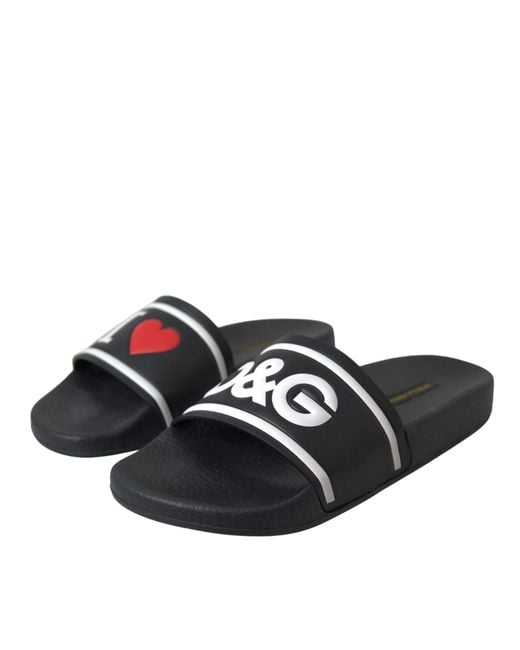 Dolce & Gabbana White Black Leather I Love D&g Sandals Slides Shoes