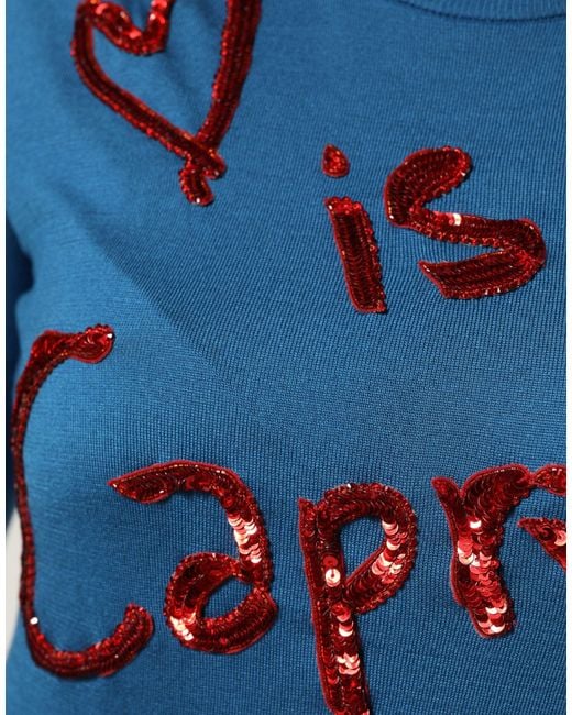 Dolce & Gabbana Blue Silk Sequined Crewneck Pullover Sweater