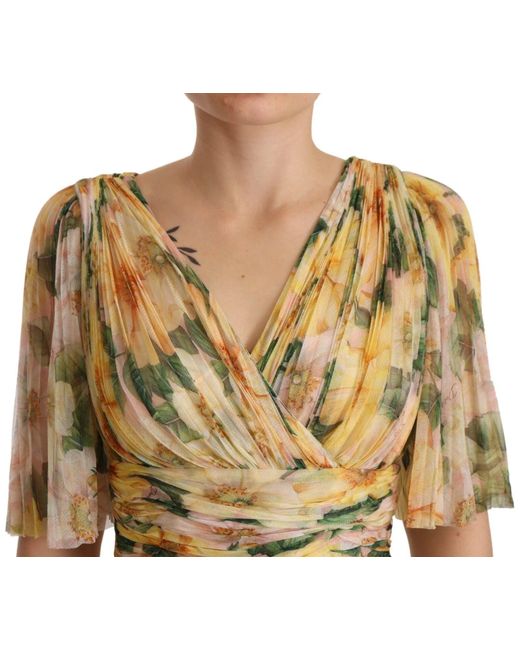 Dolce & Gabbana Multicolor Yellow Floral Print Pleated Maxi Dress