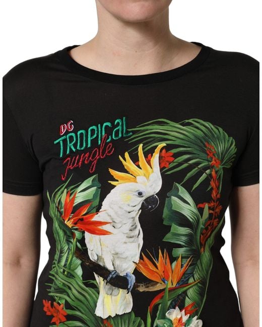 Dolce & Gabbana Black Tropical Print Cotton Round Neck T
