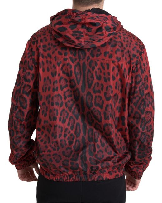 Dolce & Gabbana Red Leopard Hooded Bomber Full Zip Jacket for men