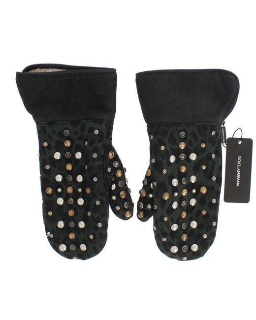 Dolce & Gabbana Black Wool Shearling Studded Leopard Gloves for men