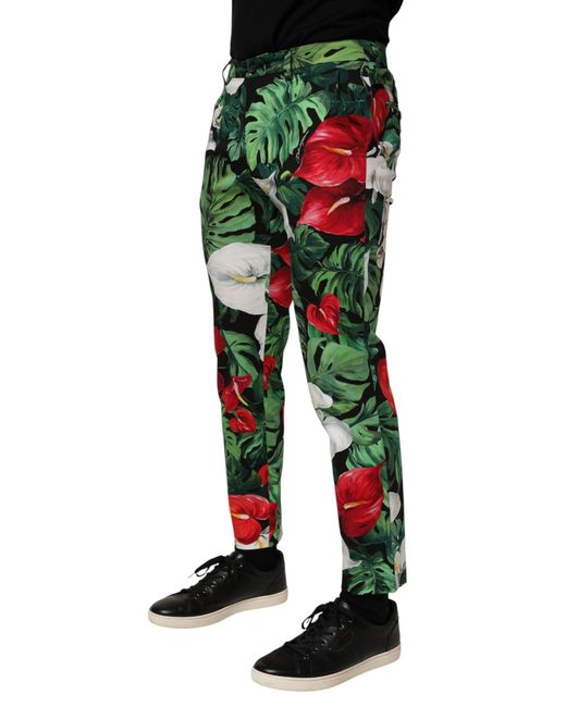 Dolce & Gabbana Green Multicolor Floral Print Cotton Tapered Pants for men