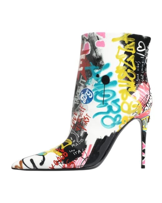 Dolce & Gabbana White Multicolor Graffiti Keira Mid Calf Boots Shoes