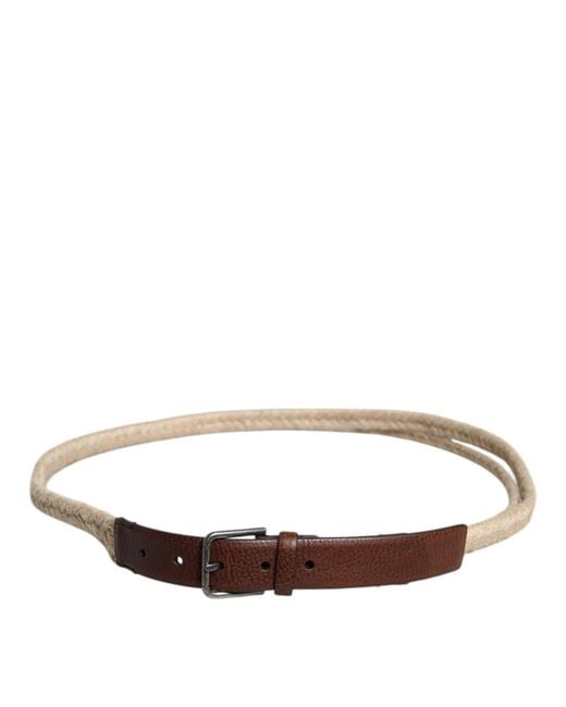 Dolce & Gabbana Brown Jute Leather Woven Metal Buckle Belt for men