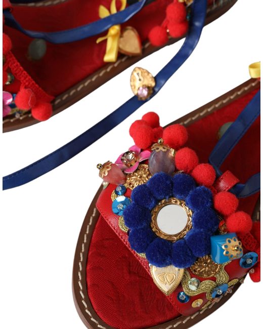 Dolce & Gabbana Red Pom Pom Fur Wrap Sandals Shoes