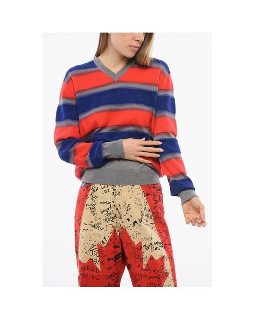 DSquared² Red Balanced Stripe Wool Blend Sweater With V Neck