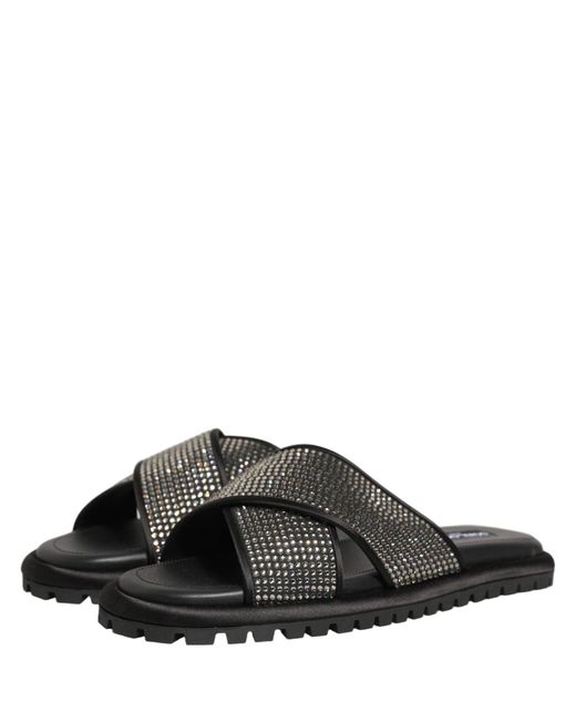 Dolce & Gabbana Black Strass Criss Cross Slide Sandals Shoes for men