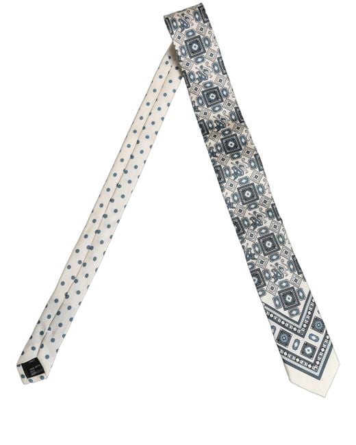 Dolce & Gabbana Natural Men Off White Blue Geometric Adjustable Tied Necktie Tie for men