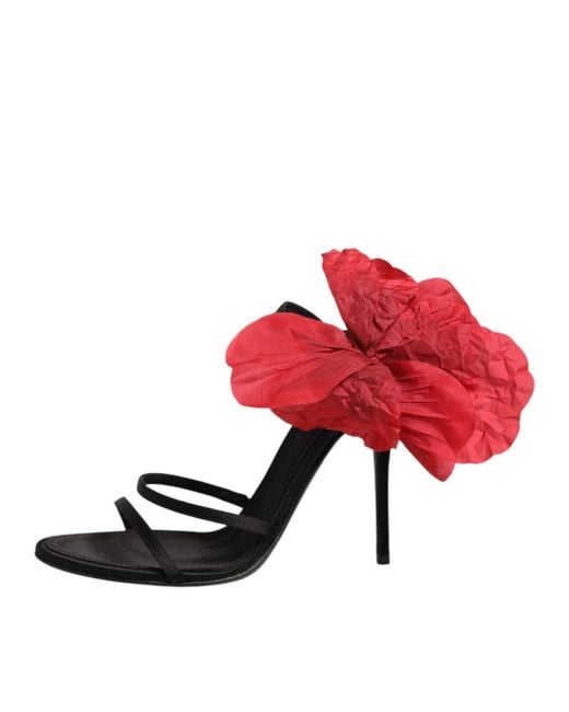 Dolce & Gabbana White Black Leather Strappy Flower Heels Sandals Shoes