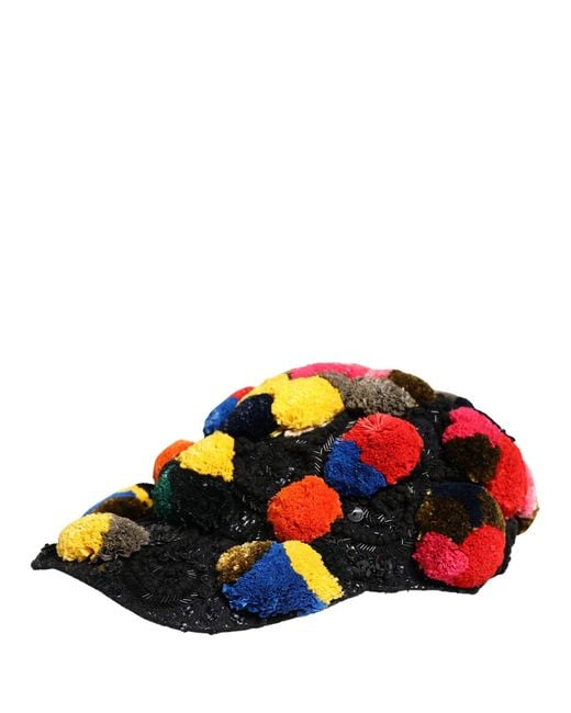 Dolce & Gabbana White Multicolor Pom Poms Sequin Embellishment Hat