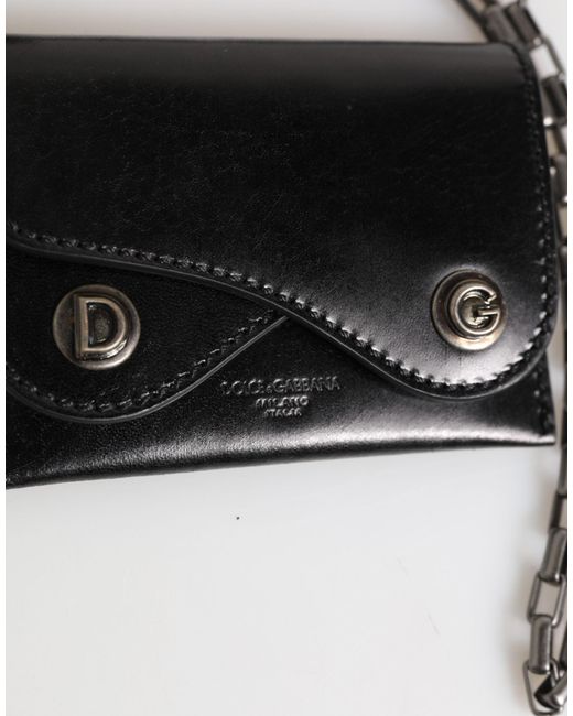 Dolce & Gabbana Black Cavallo Leather Wallet Chain Snap Bifold Card Holder for men