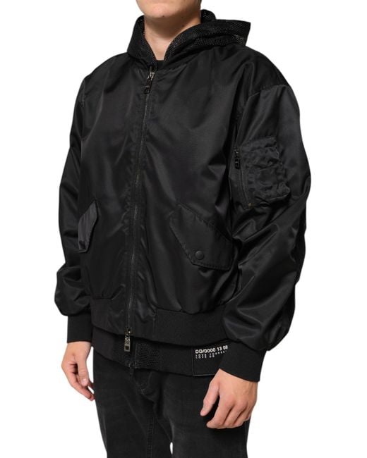 Dolce & Gabbana Black Nylon Hooded Full Zip Bomber Men Jacket for men