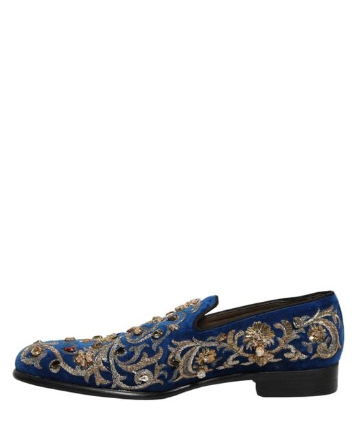 Dolce & Gabbana Blue Velvet Embellished Dress Loafers Shoes for men