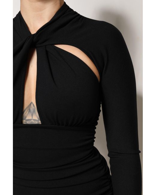 Dolce & Gabbana Black Ruched Midi Dress Keyhole Neckline