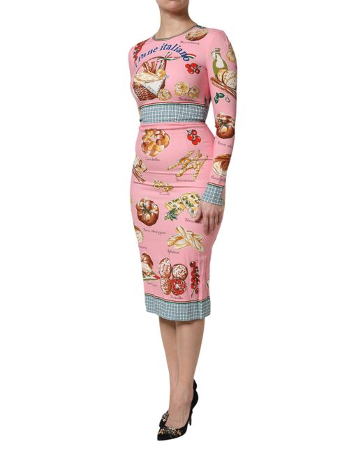 Dolce & Gabbana Red Italian Bread Print Midi Dress