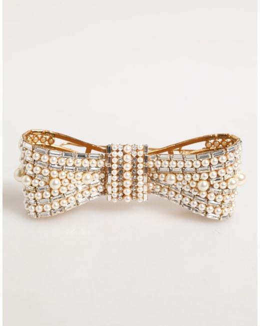Dolce & Gabbana Natural Brass Glas Crystal Faux Pearl Embellished Brooch