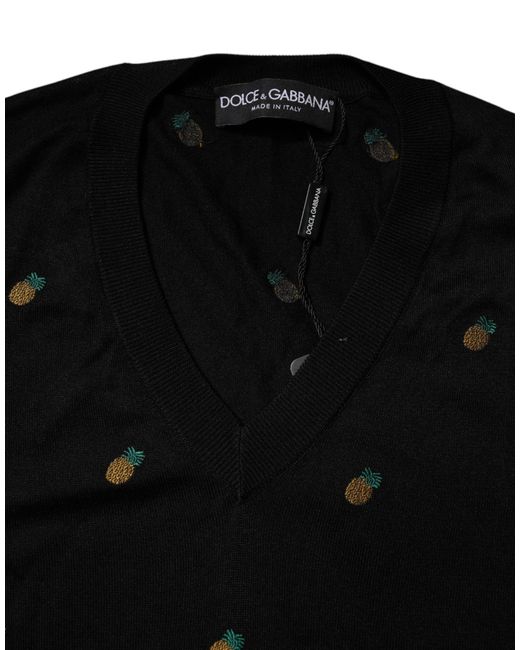 Dolce & Gabbana Black Pineapple Embroidered Knit Sweater for men