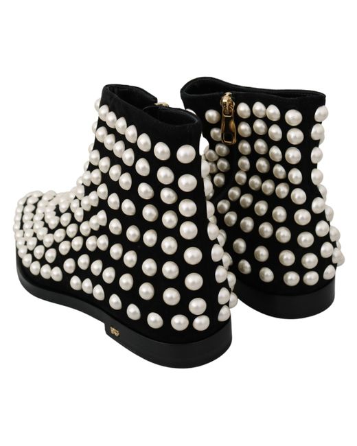 Dolce & Gabbana Black Suede Pearl Studs Boots Shoes