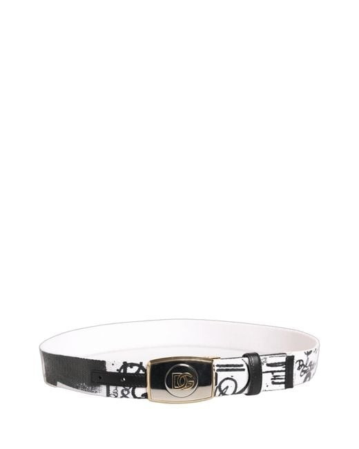 Dolce & Gabbana Multicolor White Graffiti Print Gold Metal Buckle Belt for men