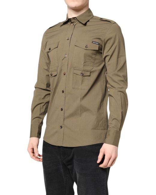 Dolce & Gabbana Green Cotton Stretch Casual Long Sleeves Shirt for men