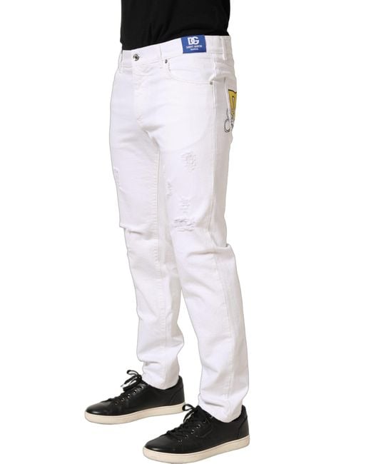 Dolce & Gabbana White Cotton Ripped Slim Fit Men Denim Jeans for men