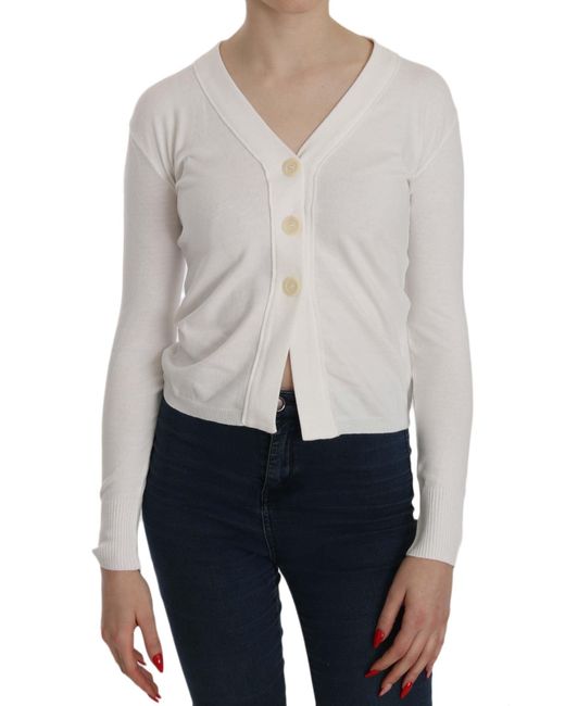Byblos White V-Neck Long Sleeve Cropped Cardigan Tops Sweater