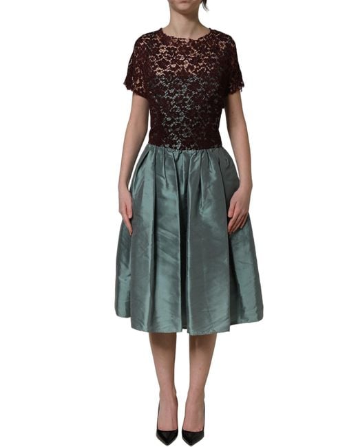 Dolce & Gabbana Purple Multicolor Floral Lace Taffeta Pleated Midi Dress