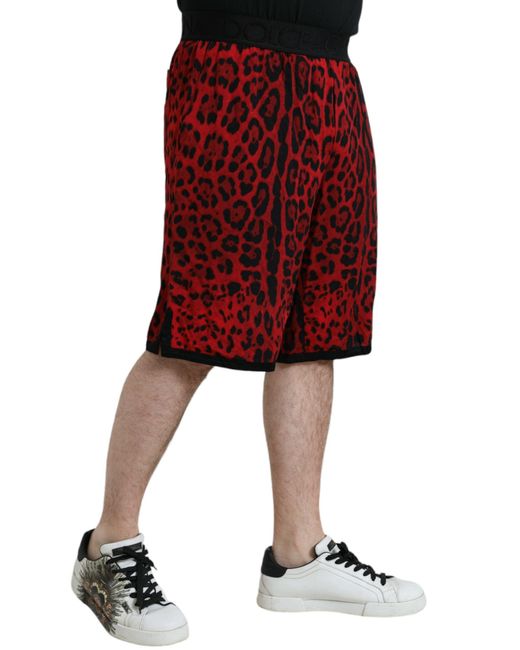 Dolce & Gabbana Red Leopard Print Viscose Bermuda Shorts for men