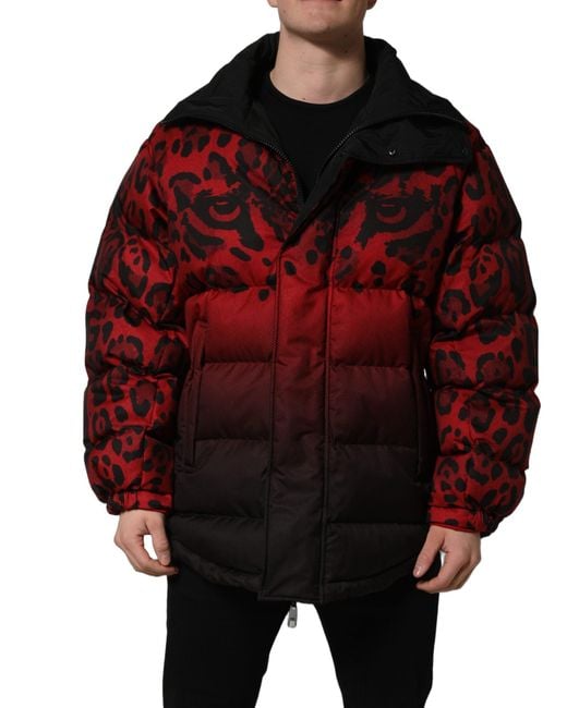 Dolce & Gabbana Red Black Reversible Animal Print Puffer Coat Jacket for men