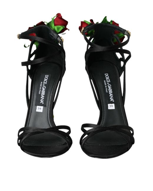 Dolce & Gabbana Black Flower Satin Heels Sandals Shoes