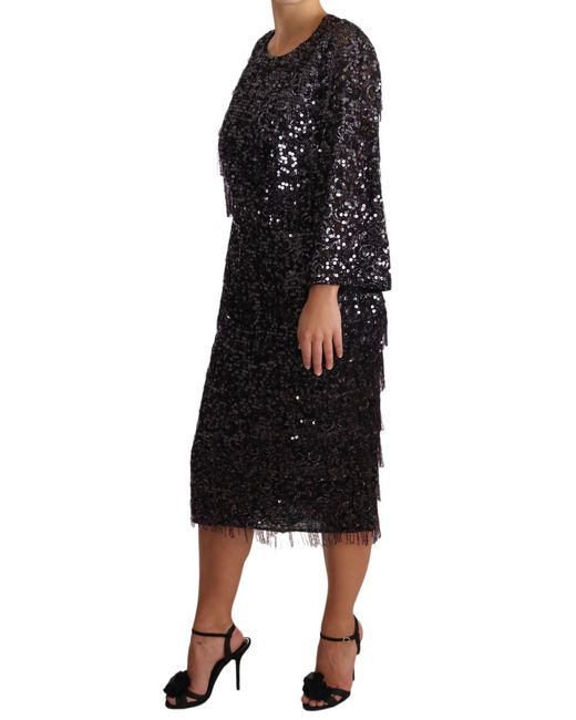 Dolce & Gabbana Dolce Gabbana Black Sequined Long Sleeve Shift Midi Dress