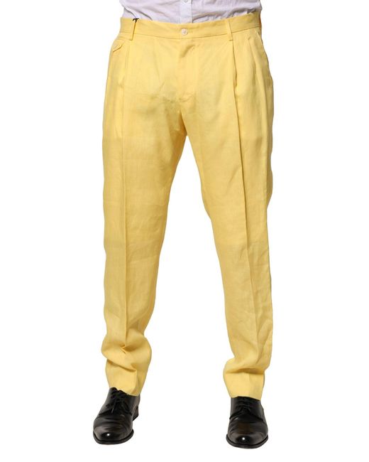 Dolce & Gabbana Yellow Flax Tapered Dress Pants for men