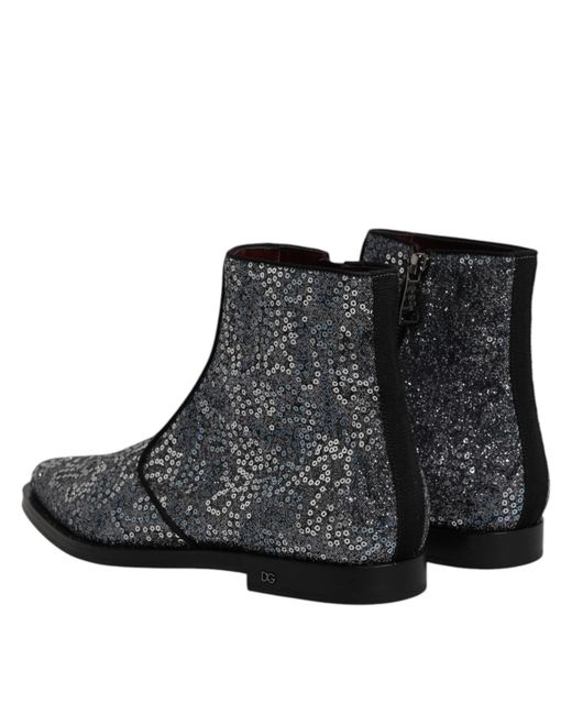 Dolce & Gabbana Brown Dark Gray Cotton Sequined Chelsea Boots Shoes for men