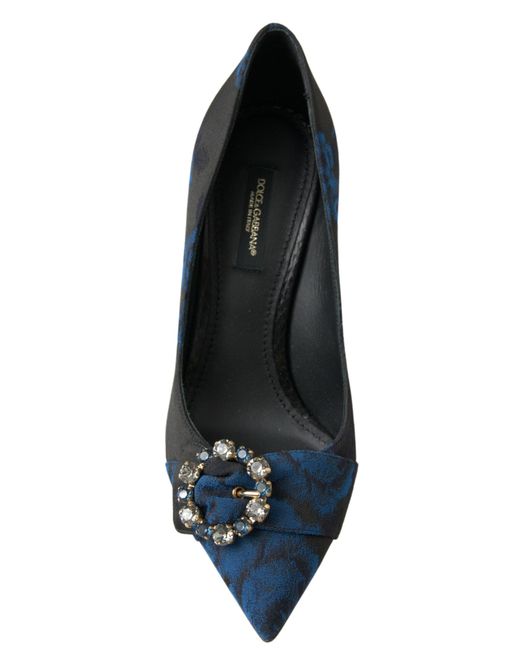 Dolce & Gabbana Black Blue Floral Ayers Crystal Pumps Shoes