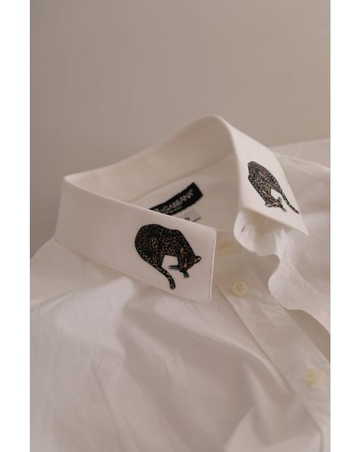 Dolce & Gabbana White Gold Formal Leopard Cotton Dress Shirt for men