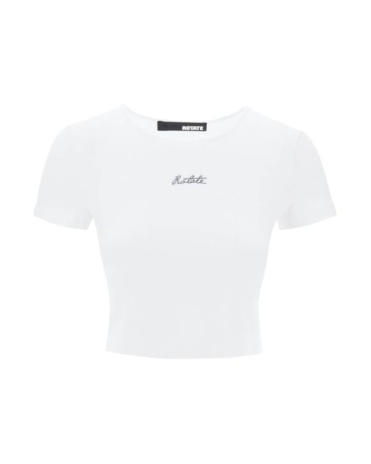 ROTATE BIRGER CHRISTENSEN White Cropped T-shirt With Embroidered Lurex Logo