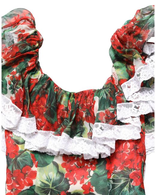 Dolce & Gabbana Brown Multicolor Geranium Flower Lace Maxi Dress