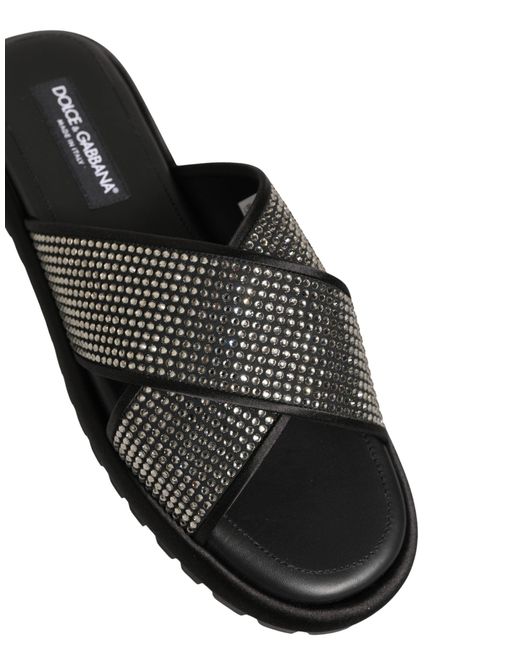 Dolce & Gabbana Black Strass Criss Cross Slide Sandals Shoes for men