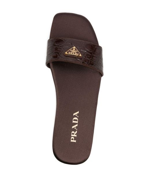 Prada Brown Triangle-Logo Embossed-Crocodile Slides