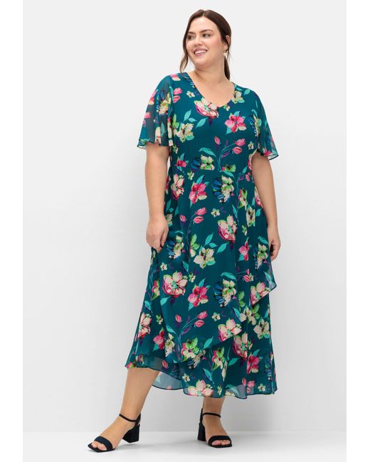 Sheego Blue Chiffonkleid mit Blumenprint und Unterkleid