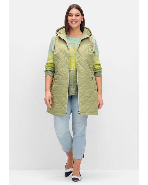 Sheego Green Lange Steppweste mit Kapuze und Kontrastdetails