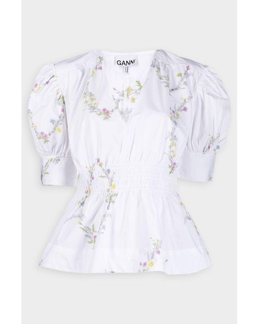 Ganni Printed Cotton V-neck Smock Blouse In Floral Shape Bright White 