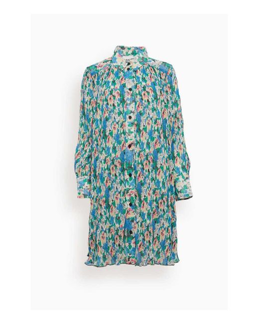 Ganni Synthetic Pleated Georgette Wide Mini Shirt Dress In Floral Azure Blue - Lyst