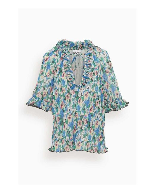 Ganni Synthetic Pleated Georgette Ruffle V-neck Blouse In Floral Azure Blue | Lyst
