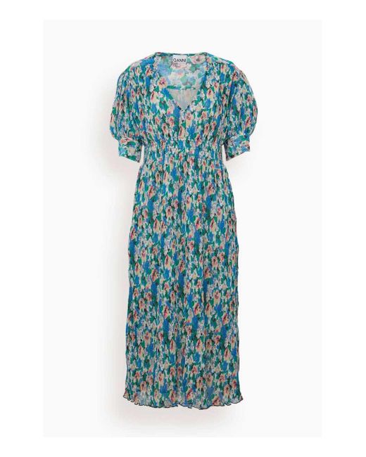 Ganni Synthetic Pleated Georgette Dress In Floral Azure Blue | Lyst